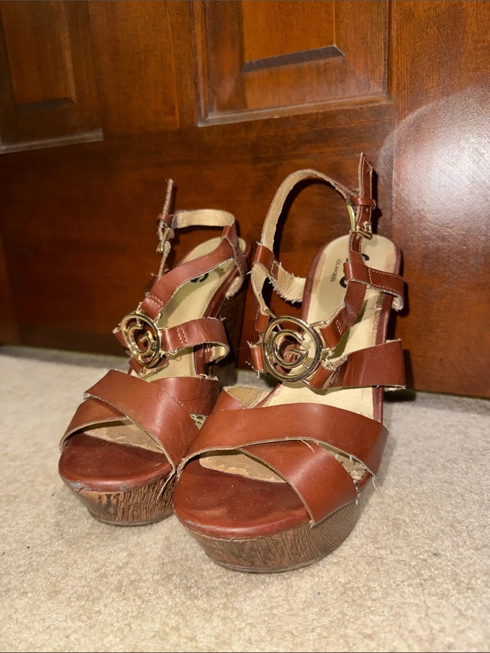 GBG Los Angeles Brown Platform Sandals with Gold Logo